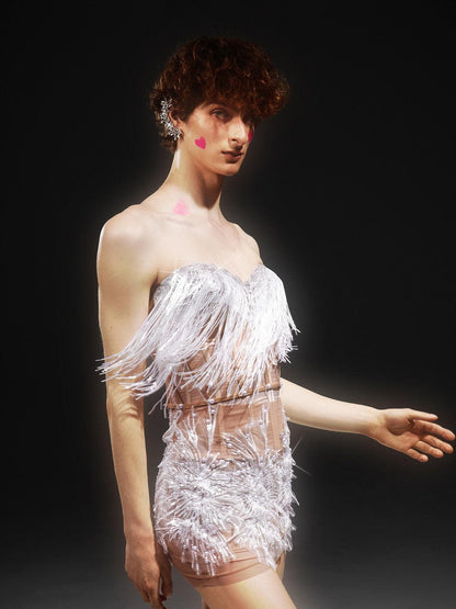 Gadiel Strapless Sequin Corset Mesh Dress