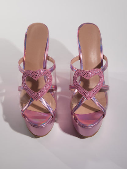 Gaelvira Rhinestone Heart Wedge Mules
