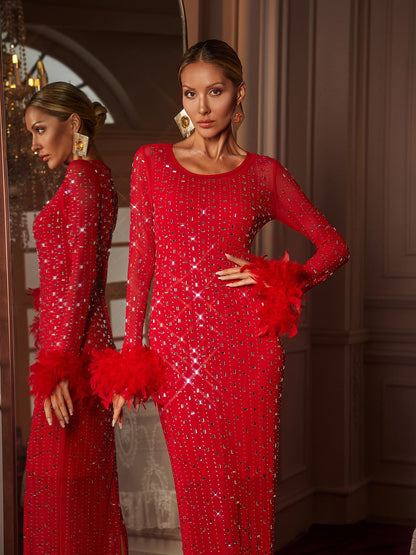 Gaines Rhinestone Feather Mesh Maxi Dress