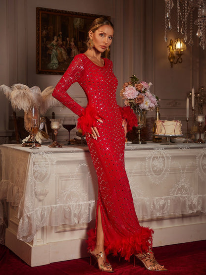 Gaines Rhinestone Feather Mesh Maxi Dress