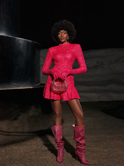 Gali Sequin Gloves Mini Dress In Hot Pink