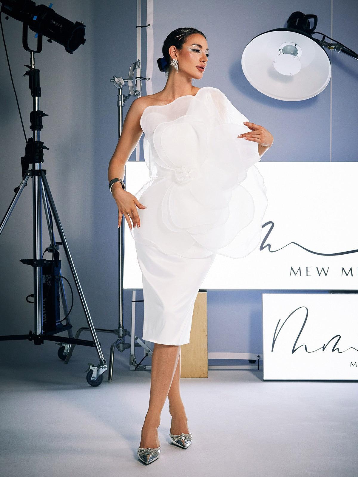 Gannon One Shoulder Flower Satin Midi Dress