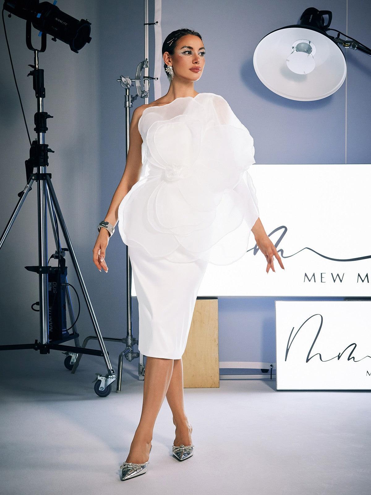 Gannon One Shoulder Flower Satin Midi Dress