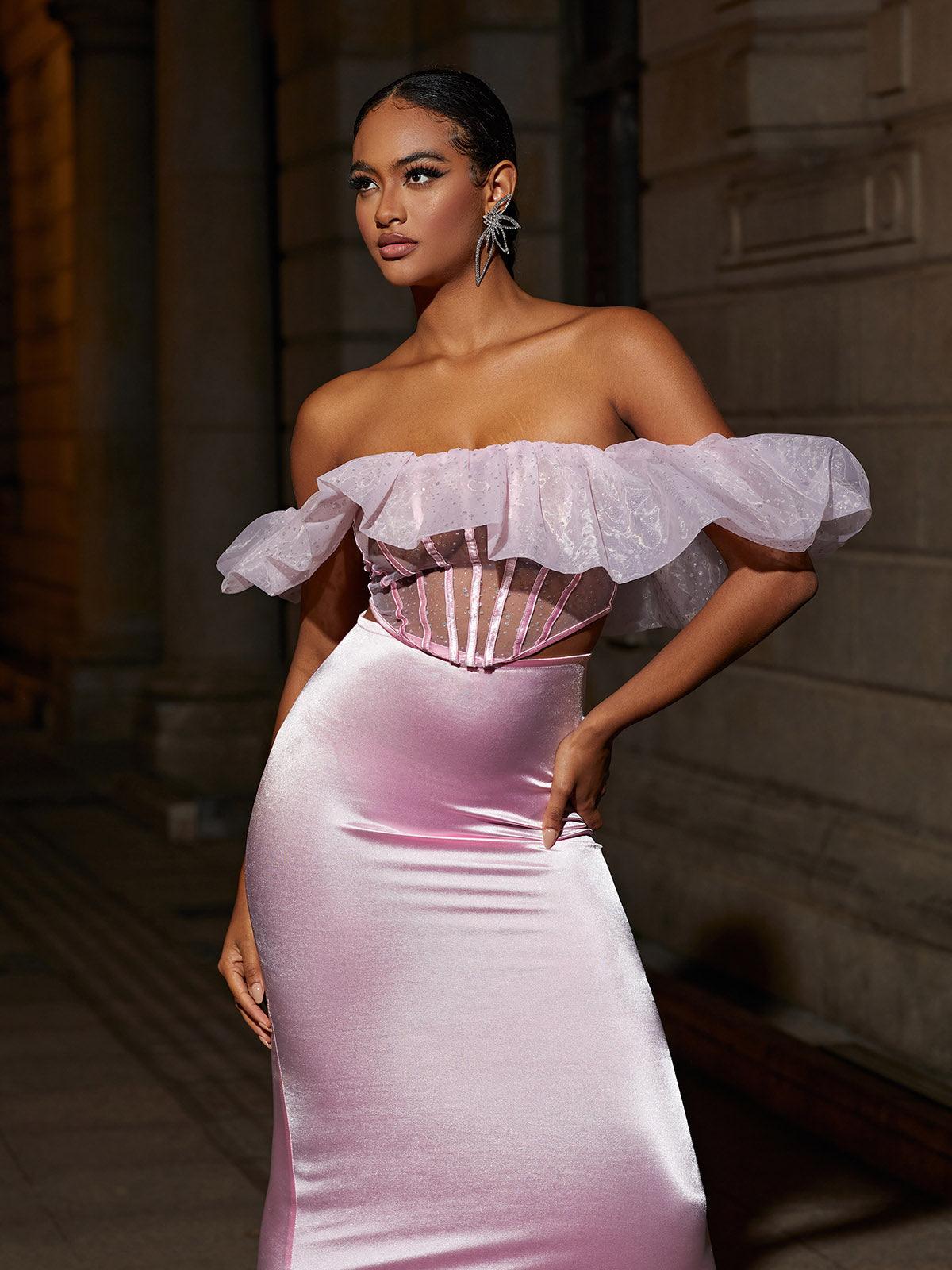 Garnet Off Shoulder Corset Satin Skirt Set