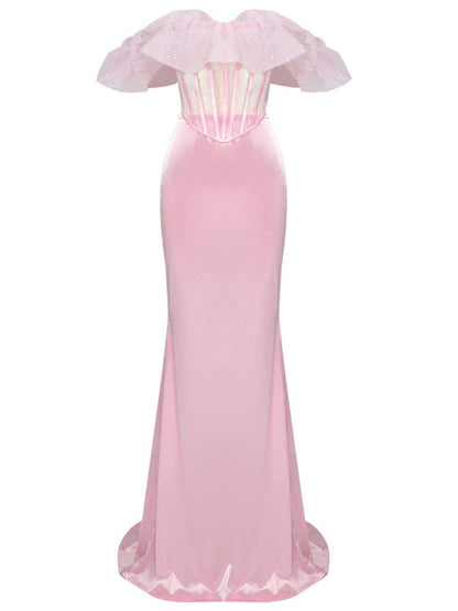 Garnet Off Shoulder Corset Satin Skirt Set