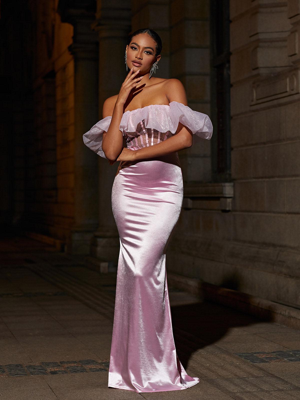 Garnet Off Shoulder Corset Satin Skirt Set