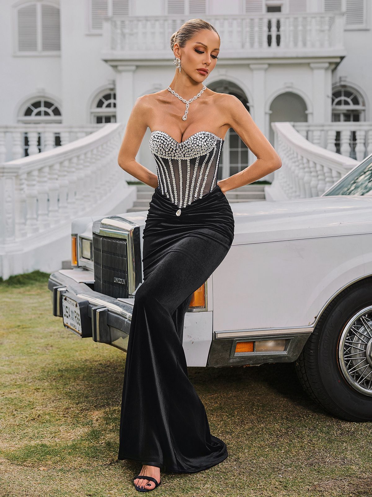 Gerlind Strapless Rhinestone Velvet Maxi Dress