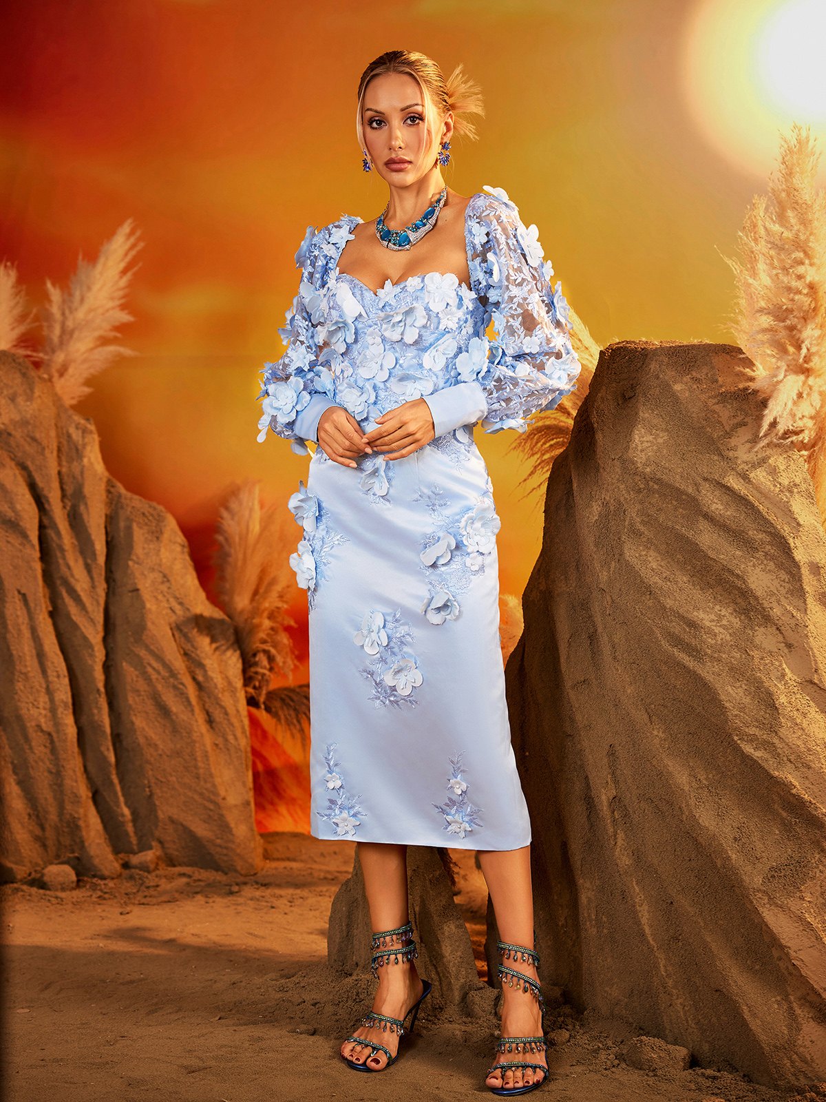 Gexmir Long Sleeve Flower Midi Dress