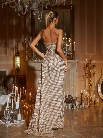 Glein Strapless Ruched Sequin Maxi Dress