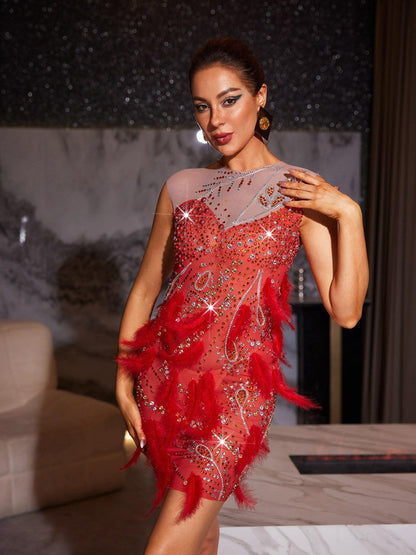 Goku Rhinestone Feather Mini Dress