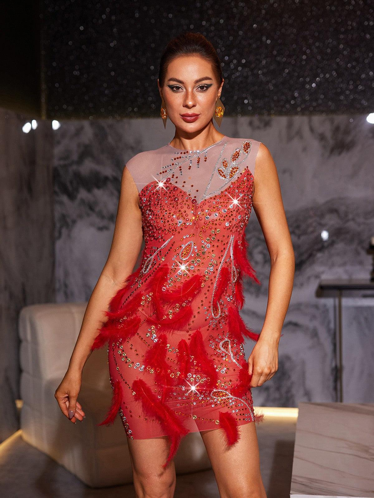 Goku Rhinestone Feather Mini Dress