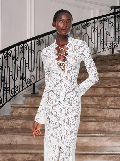 Gryndis Lace Up Split Lace Midi Dress