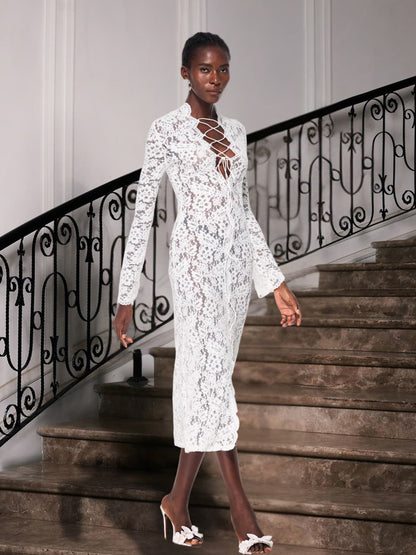 Gryndis Lace Up Split Lace Midi Dress