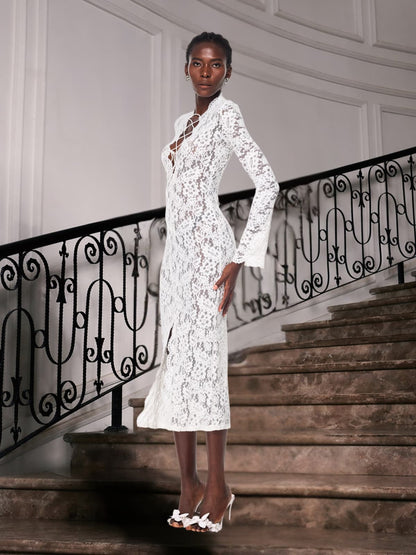 Gryndis Lace Up Split Lace Midi Dress