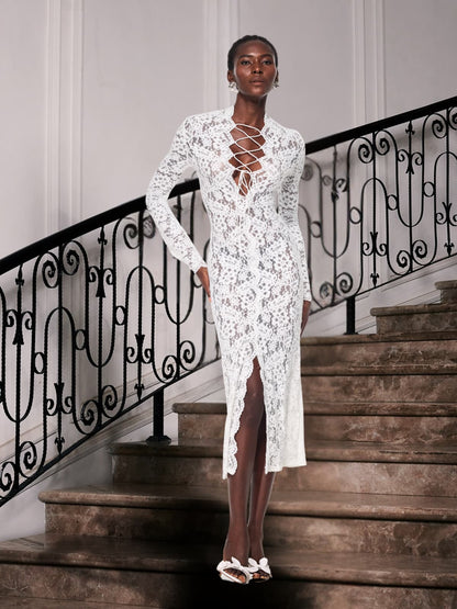 Gryndis Lace Up Split Lace Midi Dress