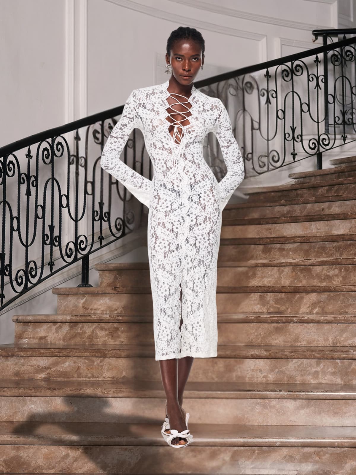 Gryndis Lace Up Split Lace Midi Dress