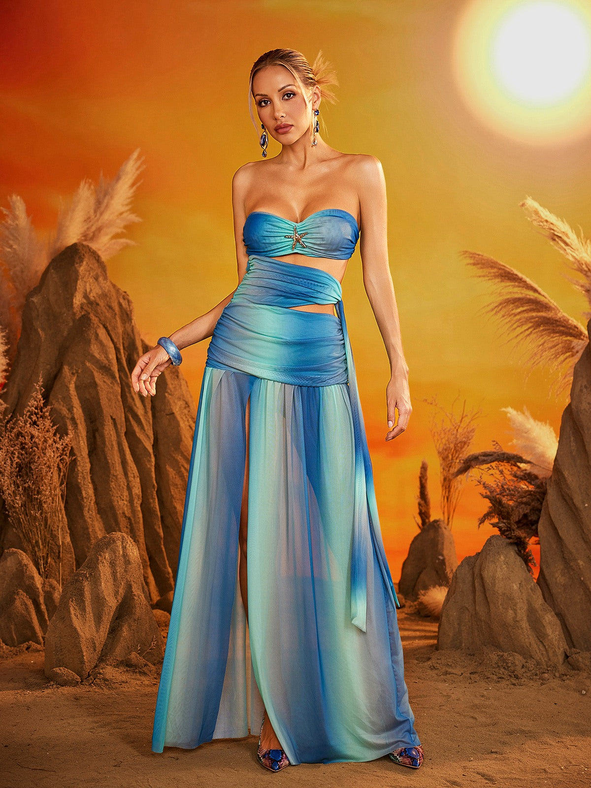 Gryxan Strapless Ruched Split Maxi Dress