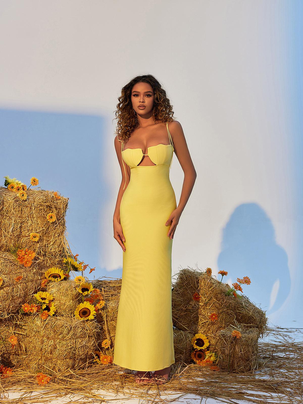 Gwyn Shell Cutout Maxi Bandage Dress In Yellow