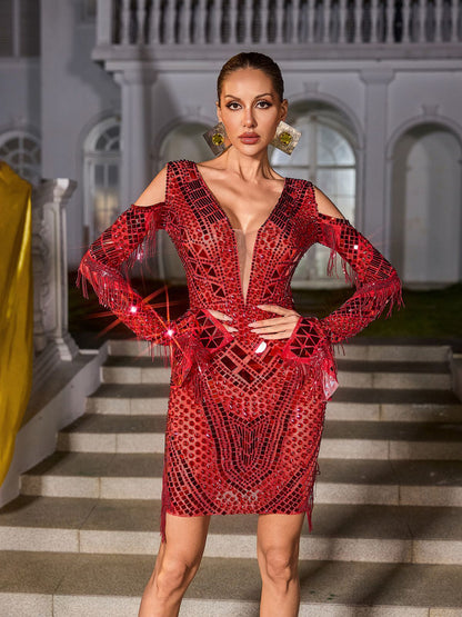 Gwyndara Rhinestone Fringe Acrylic Mini Dress