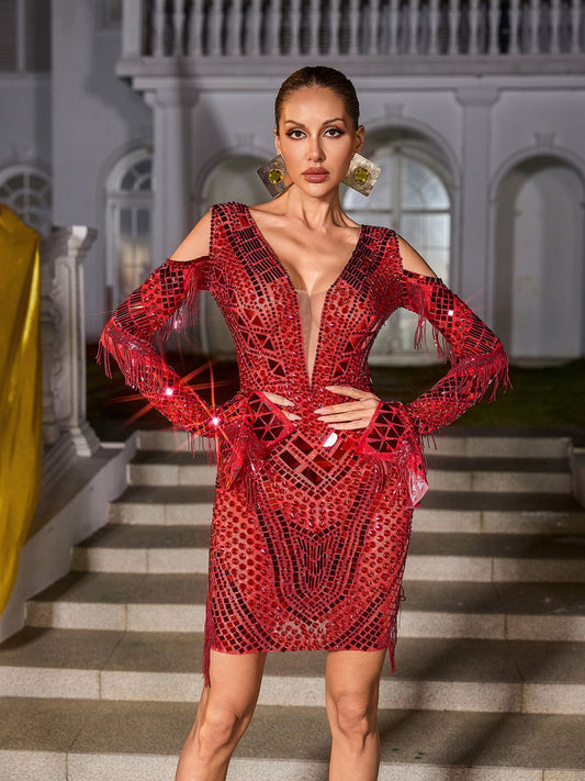 Gwyndara Rhinestone Fringe Acrylic Mini Dress