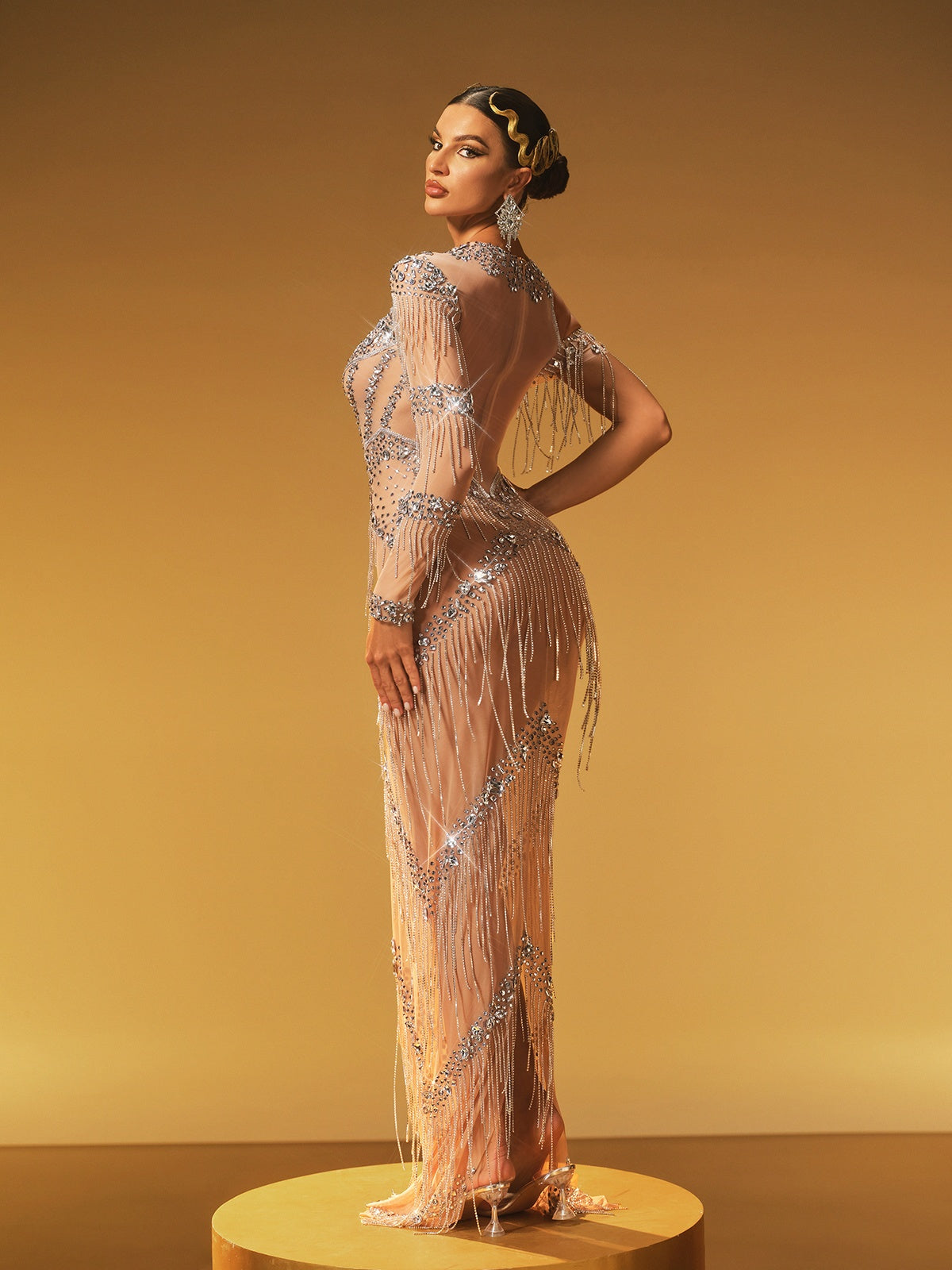 Haelthar One Shoulder Fringe Crystal Maxi Dress