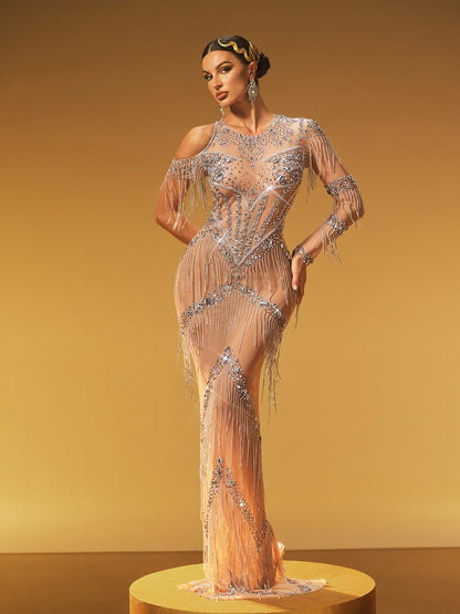 Haelthar One Shoulder Fringe Crystal Maxi Dress