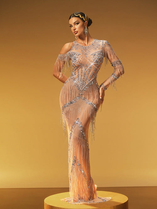 Haelthar One Shoulder Fringe Crystal Maxi Dress