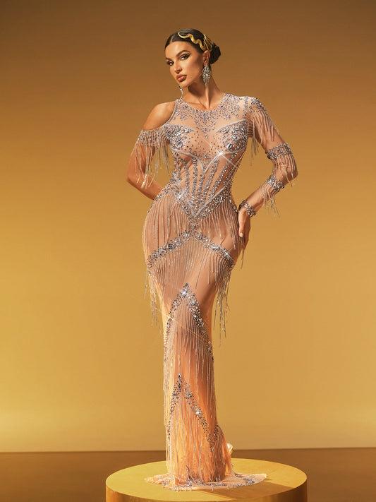 Haelthar One Shoulder Fringe Crystal Maxi Dress