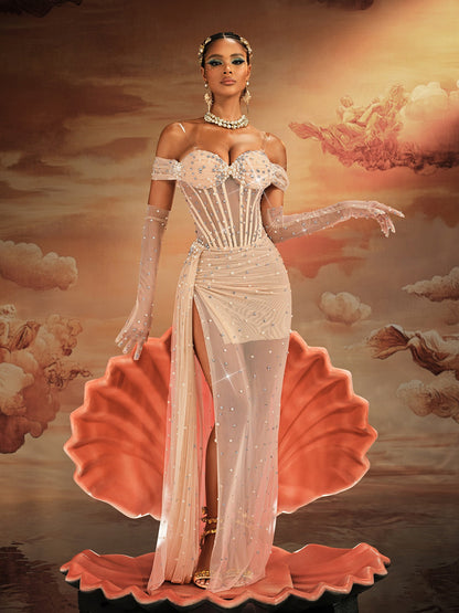 Haldor Off Shoulder Crystal Mesh Draped Maxi Dress