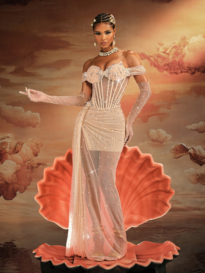 Haldor Off Shoulder Crystal Mesh Draped Maxi Dress