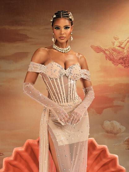 Haldor Off Shoulder Crystal Mesh Draped Maxi Dress