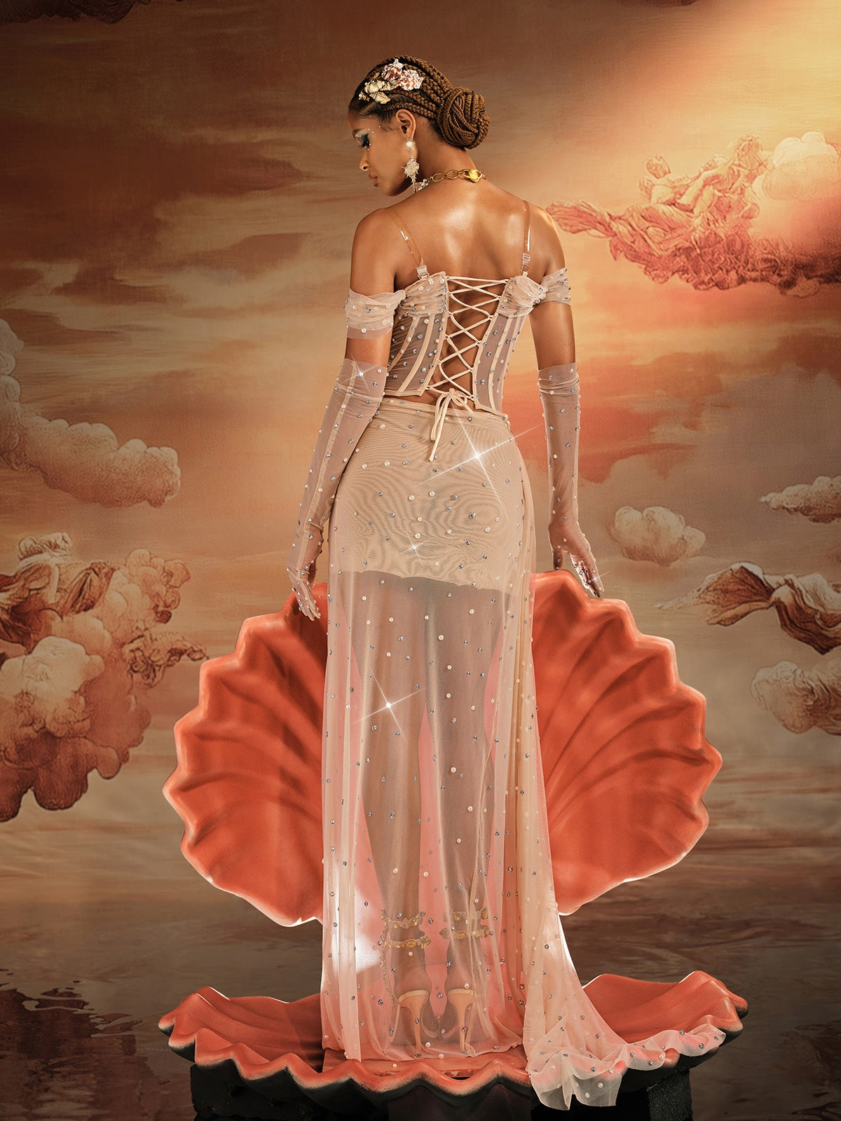 Haldor Off Shoulder Crystal Mesh Draped Maxi Dress