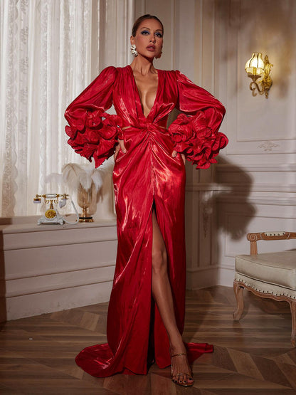 Halston Long Sleeve Ruched Split Maxi Dress