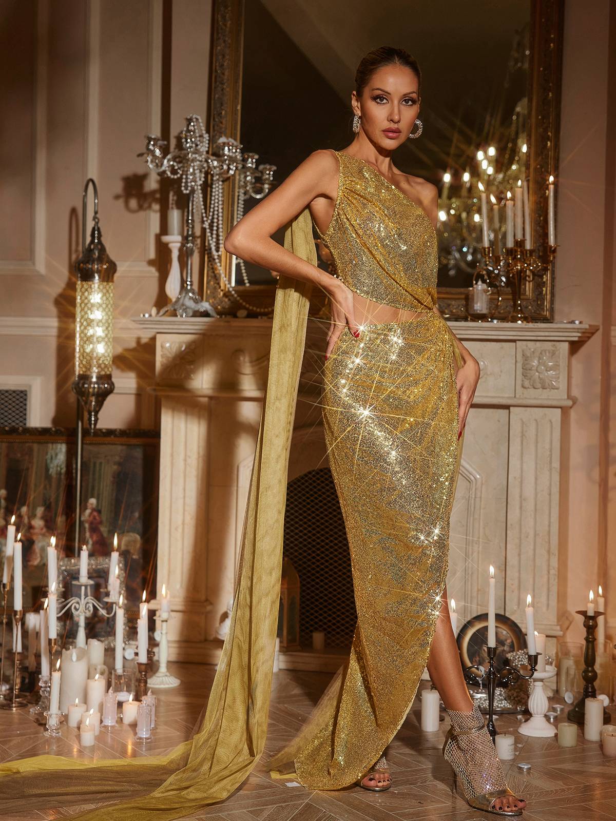 Harfford One Shoulder Cutout Sequin Maxi Dress