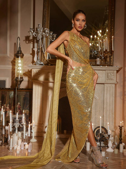 Harfford One Shoulder Cutout Sequin Maxi Dress