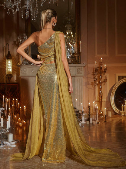 Harfford One Shoulder Cutout Sequin Maxi Dress