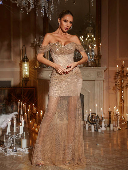 Harva Off Shoulder Diamond Mesh Maxi Dress