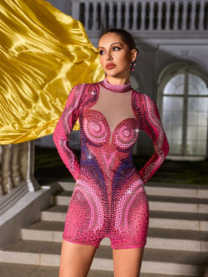 Havilya Long Sleeve Embellished Romper In Hot Pink