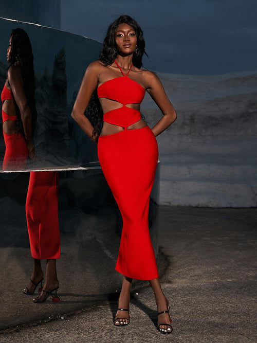 Hedwig Cutout High Split Bandage Dress In Red