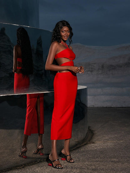 Hedwig Cutout High Split Bandage Dress In Red