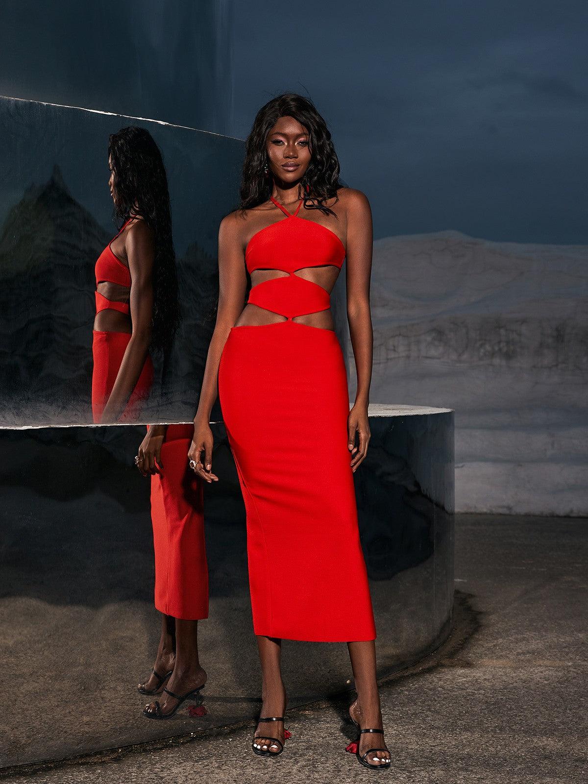 Hedwig Cutout High Split Bandage Dress In Red