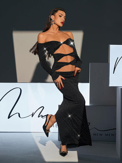 Hedwig Off Shoulder Rhinestone Cutout Maxi Dress