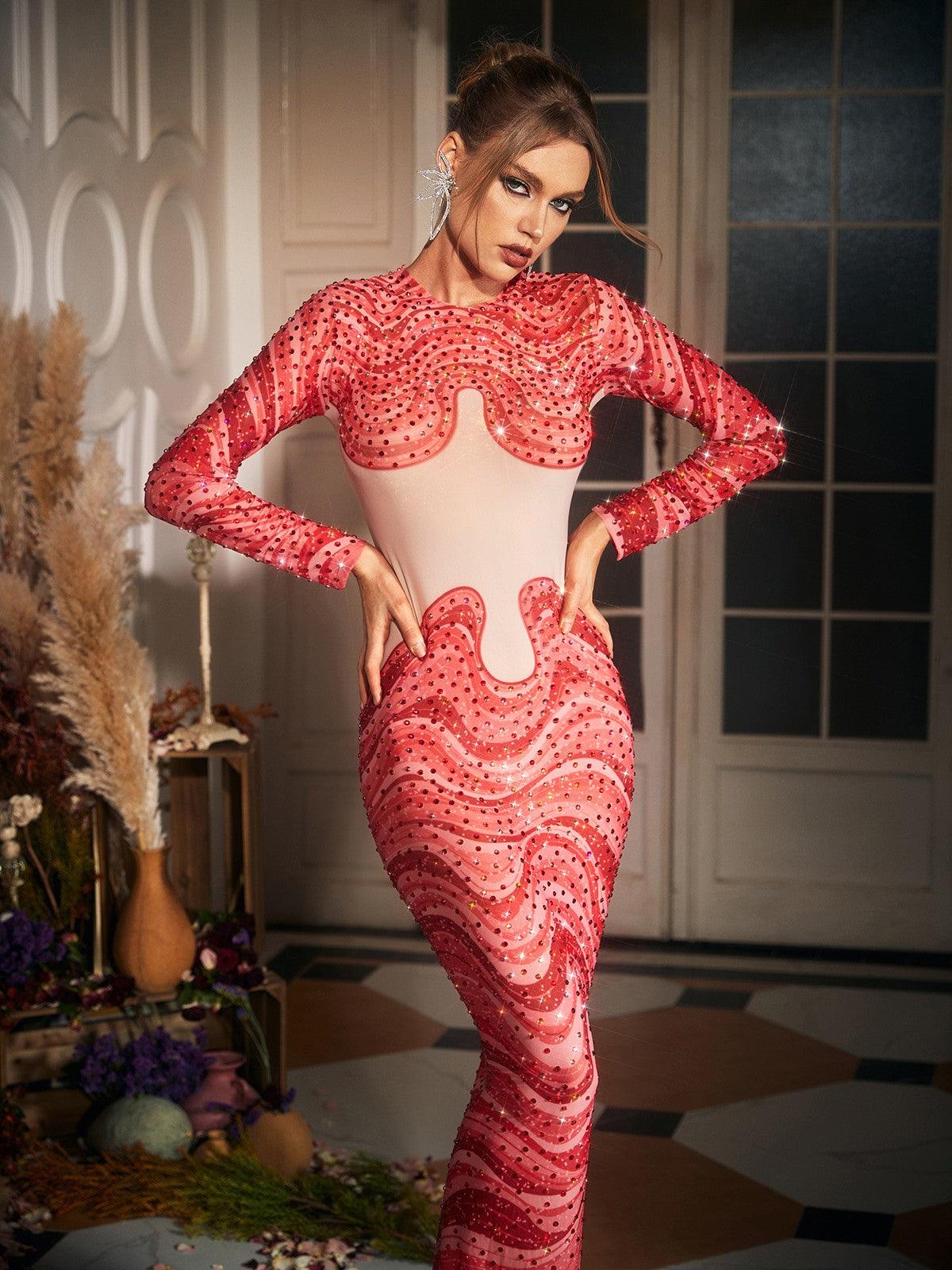 Herman Wave Printed Rhinestone Maxi Dress