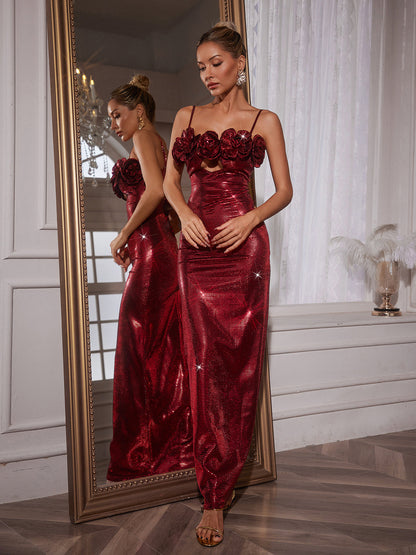 Hikaru Spaghetti Flower Glitter Maxi Dress