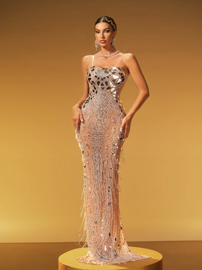 Hryxan Acrylic Fringe Embellished Maxi Dress