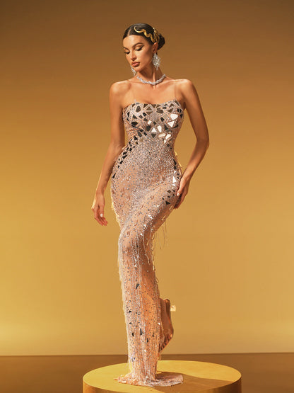 Hryxan Acrylic Fringe Embellished Maxi Dress