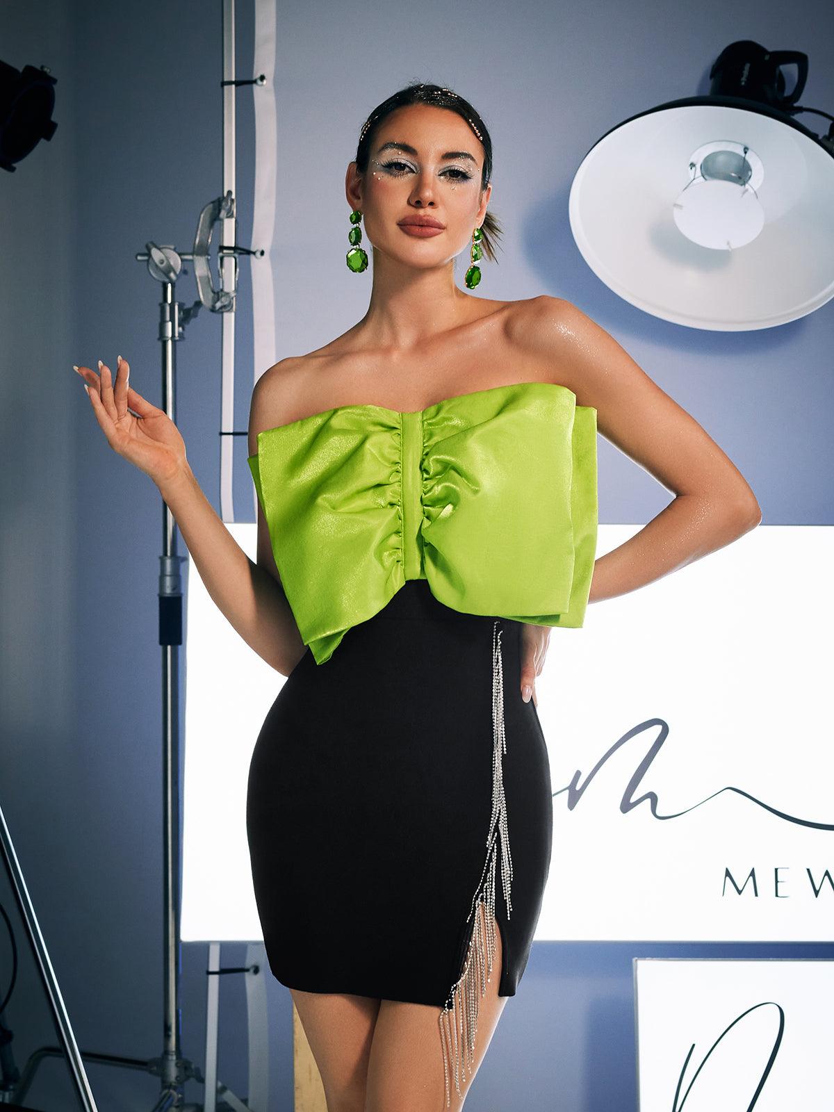 Idony Strapless Bow Crystal Fringe Mini Dress