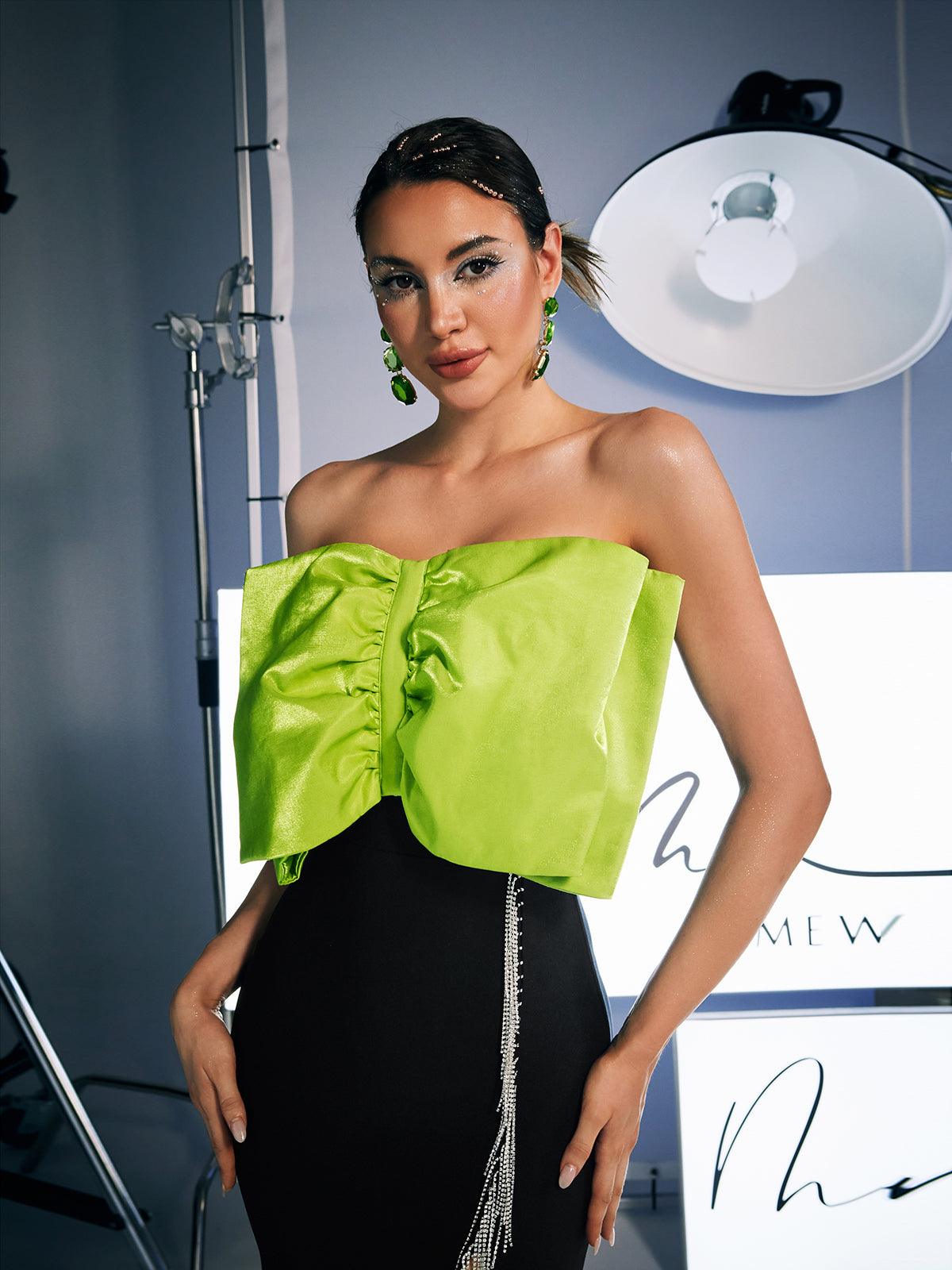 Idony Strapless Bow Crystal Fringe Mini Dress