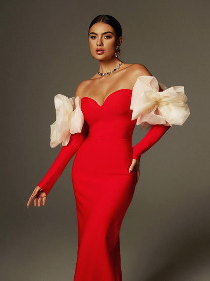 Ifra Off Shoulder Flower Bandage Maxi Dress In Red