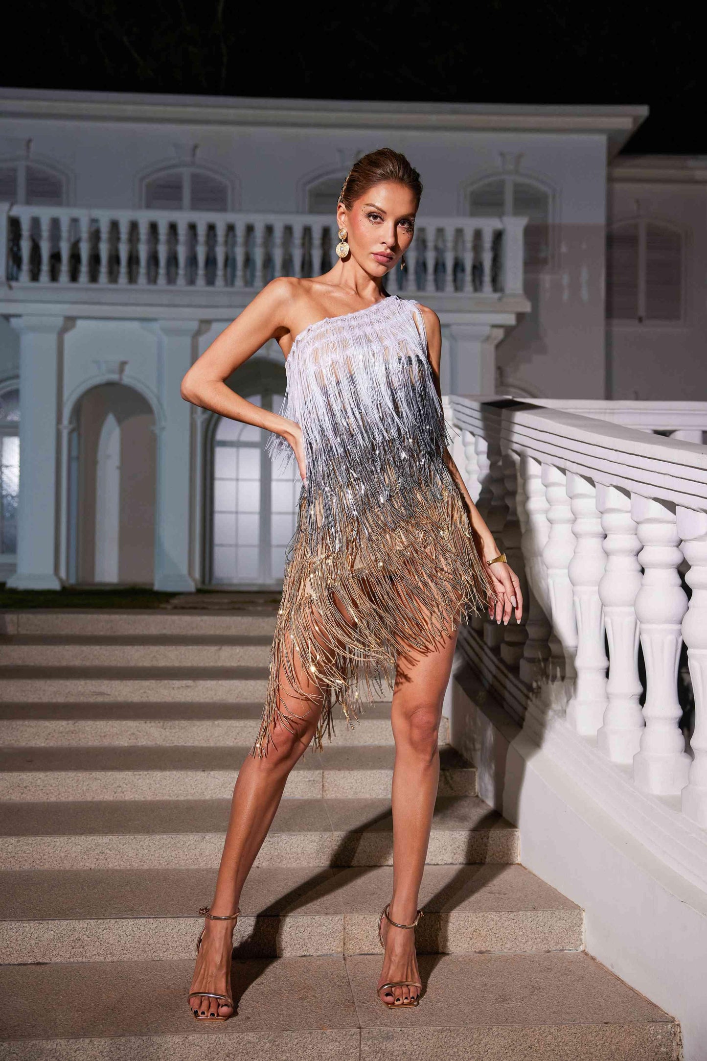 Imre One Shoulder Fringe Sequin Dress